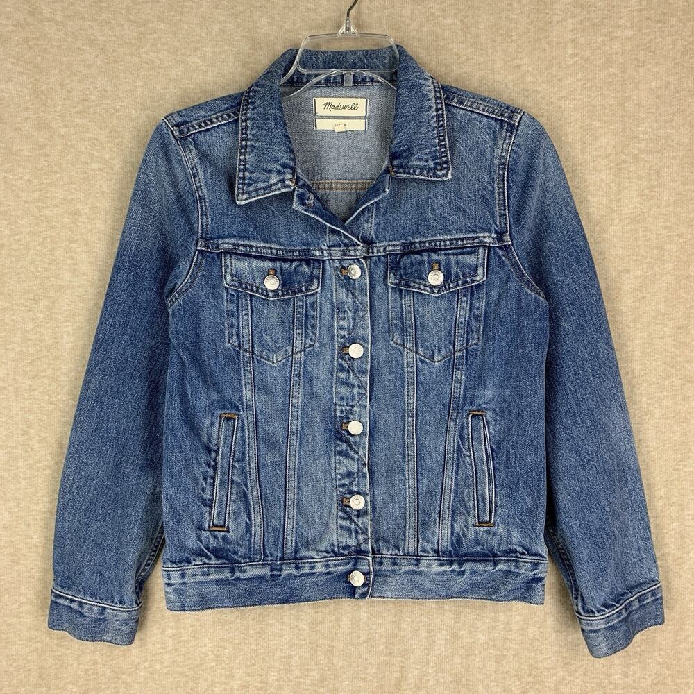 Madewell Denim Trucker Jacket Womens Medium Classic 100% Cotton Blue Distressed